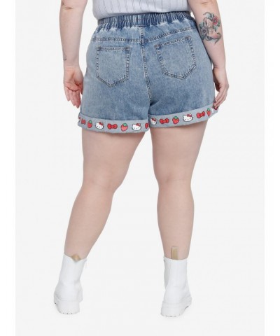 Hello Kitty Strawberry Elastic High-Waisted Denim Shorts Plus Size $13.65 Shorts