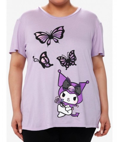 Kuromi Lavender Butterfly Boyfriend Fit Girls T-Shirt Plus Size $11.62 T-Shirts